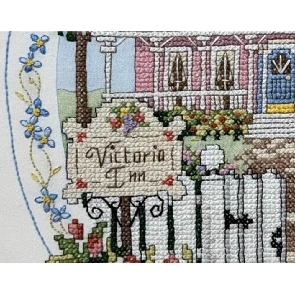 Handmade Victoria Inn Cross Stitch Pink Victorian House Wall Art 14x11 Unframed